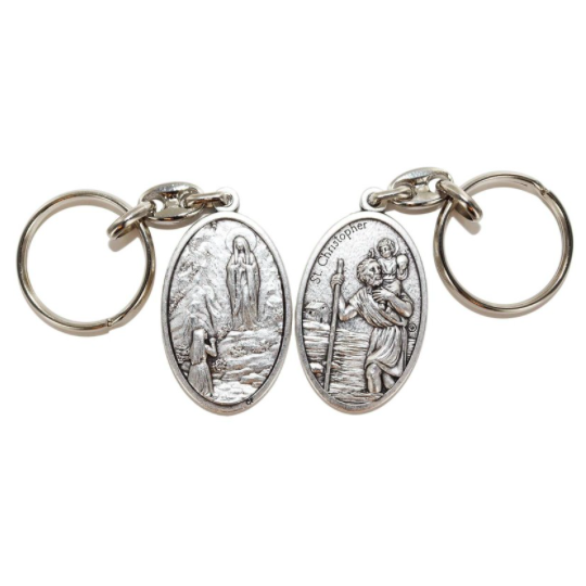 Porte-clés double face – Saint Christophe & Notre-Dame de Lourdes