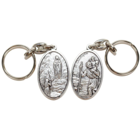 Porte-clés double face – Saint Christophe & Notre-Dame de Lourdes