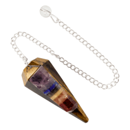 Pendule Œil du Tigre & 7 Chakras – Conique à 6 Faces