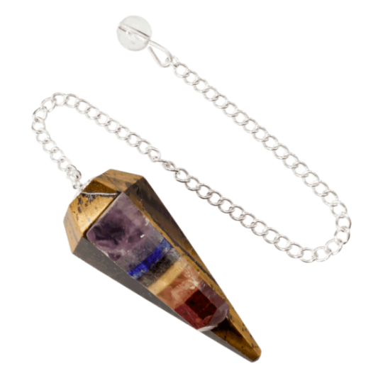 Pendule Œil du Tigre & 7 Chakras – Conique à 6 Faces