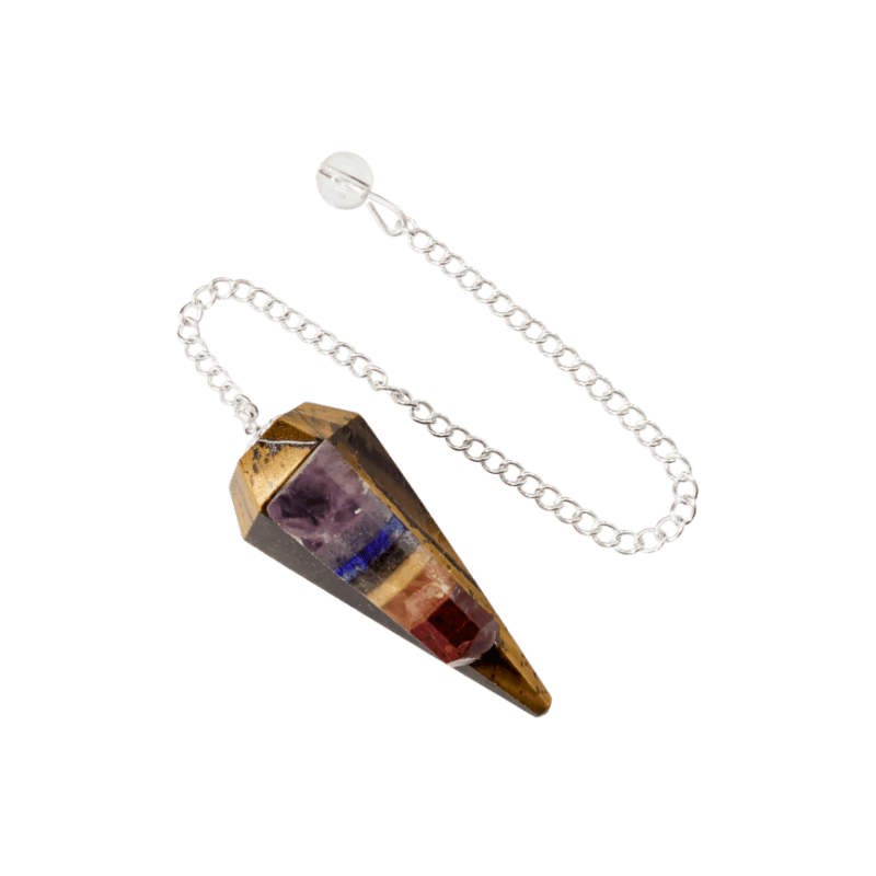 Pendule Œil du Tigre & 7 Chakras – Conique à 6 Faces