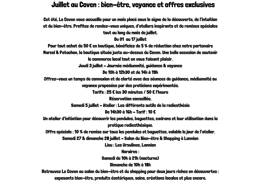 Juillet au Coven : bien-être, voyance et offres exclusives